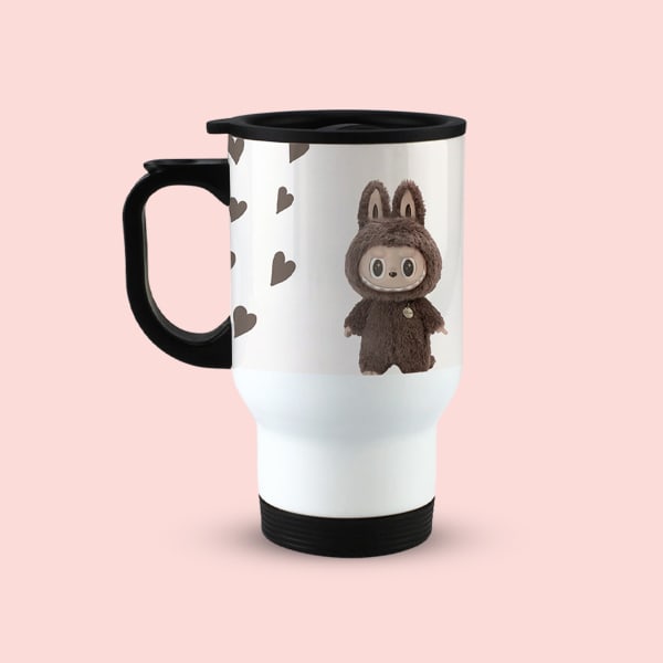 Labubu travel mug showing full heart pattern with plush design