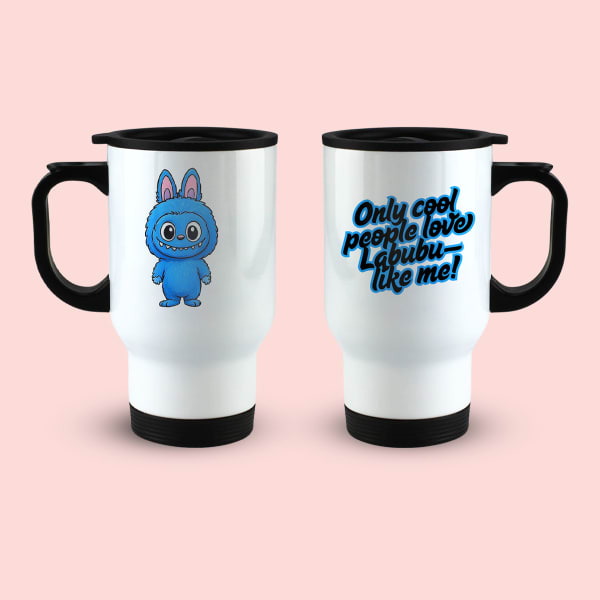 Labubu stainless steel mug front view with blue character