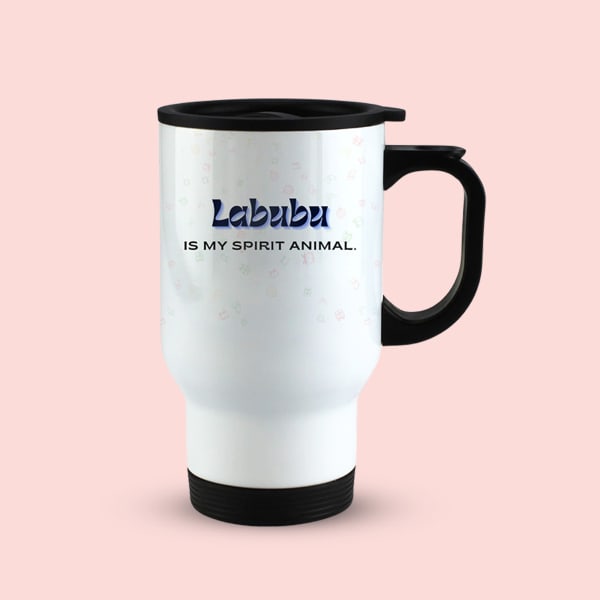 White travel mug with black handle and lid, featuring 