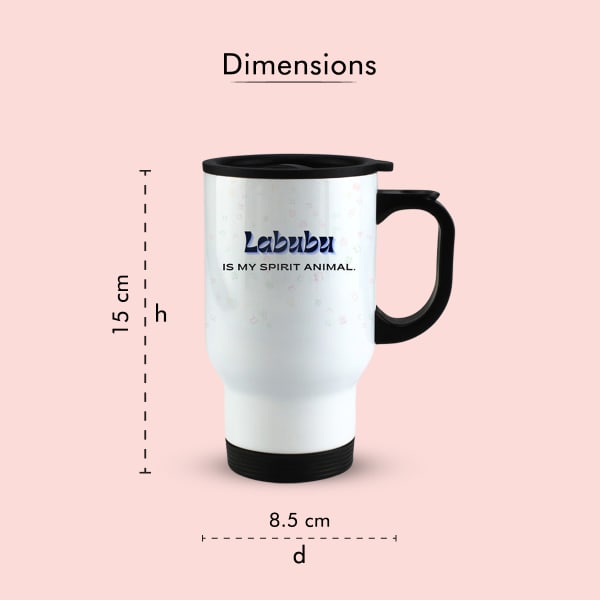 White travel mug with black handle and lid, displaying dimensions of 15 cm height and 8.5 cm diameter, with 