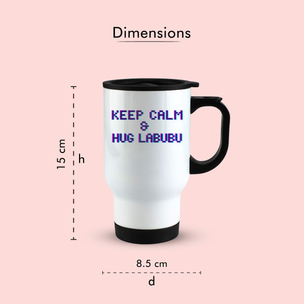 White travel mug with black handle and lid, shown with dimension annotations indicating a height of 15 cm and a diameter of 8.5 cm. The text 