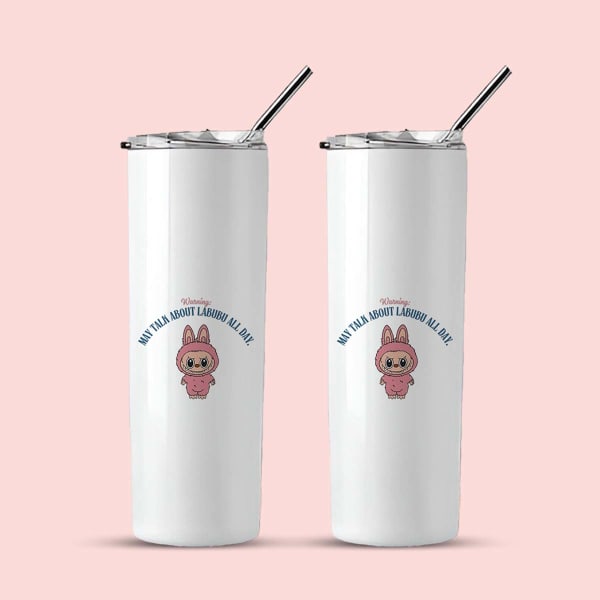 Two identical white tumblers with a 