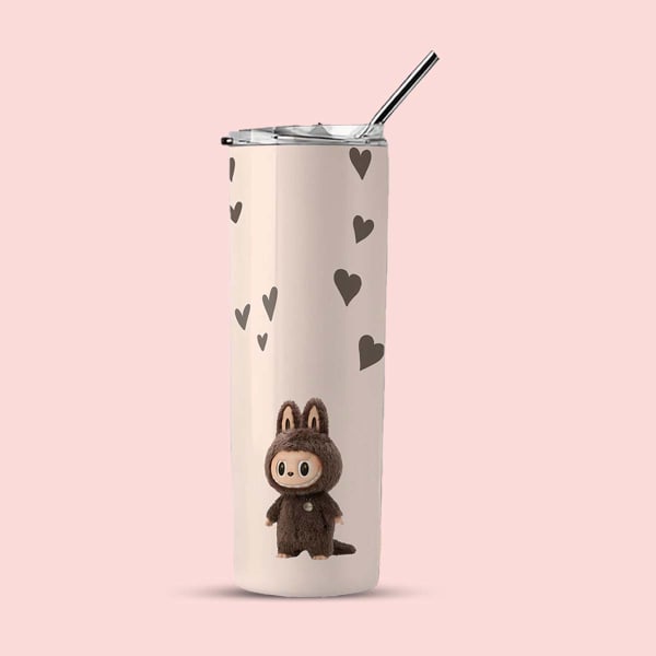 Front view of a light cream tumbler with a brown bunny character and scattered brown hearts.