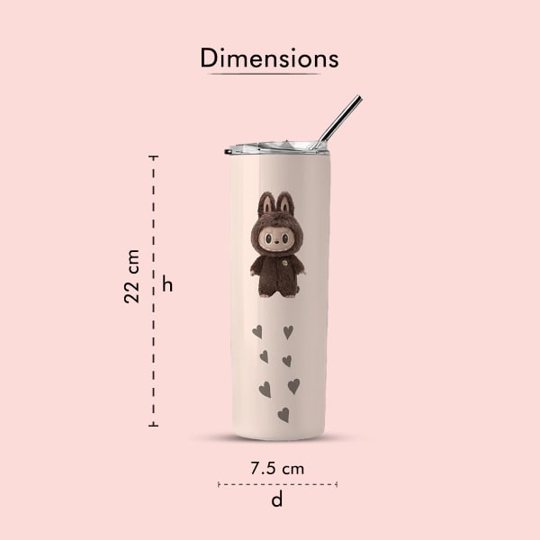 A light cream tumbler with a brown bunny character and hearts, with overlaid dimensions of 22 cm height and 7.5 cm diameter.