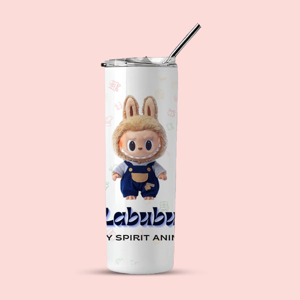 A single white tumbler with a Labubu character in a bunny suit and partial text 