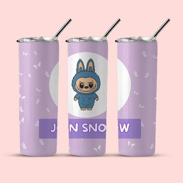 Three views of a light purple tumbler with a blue monster in a bunny suit, showing different parts of the text 
