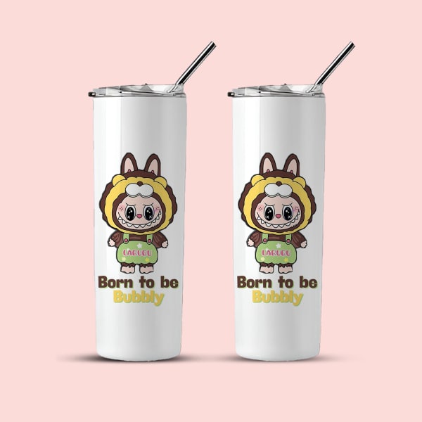 Two identical white stainless steel tumblers, each featuring a cartoon character in a yellow animal hoodie and 