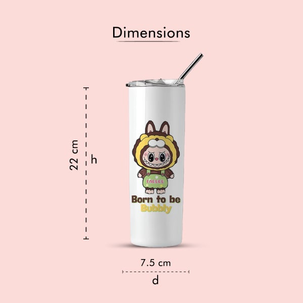 White stainless steel tumbler with a cartoon character in a yellow animal hoodie and 
