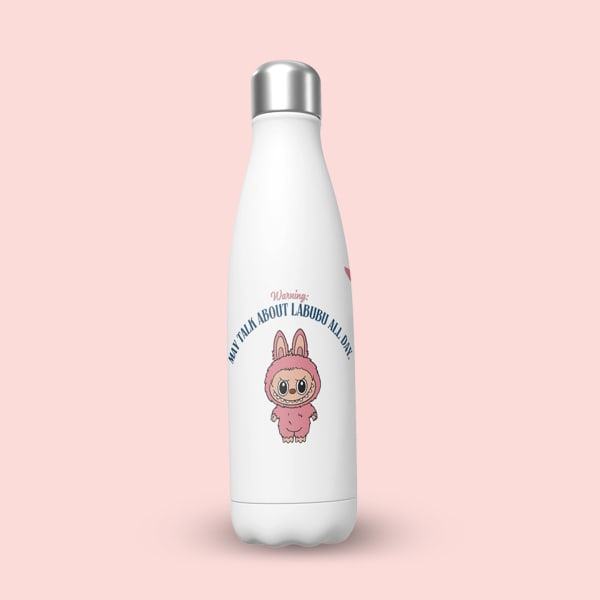 A white stainless steel water bottle with a silver cap, featuring a 