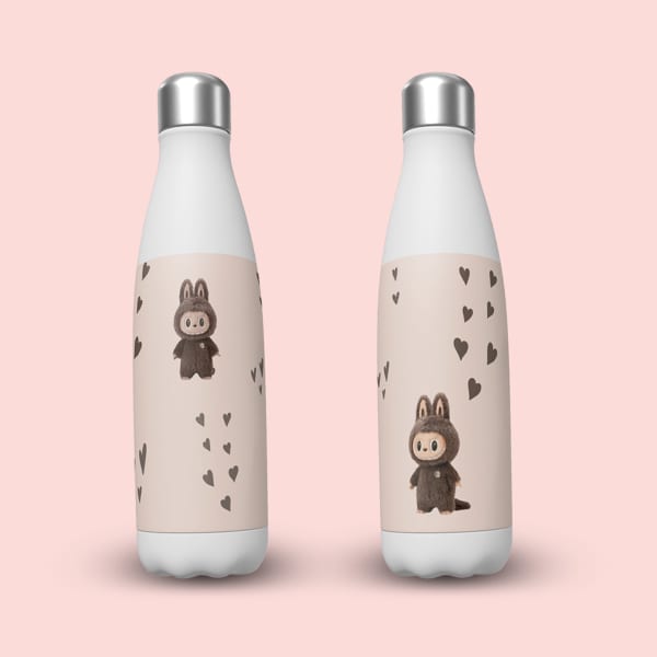 Two identical white insulated water bottles, each with a light pink label depicting a brown, bunny-eared character and dark brown hearts, placed side-by-side on a solid light pink background.
