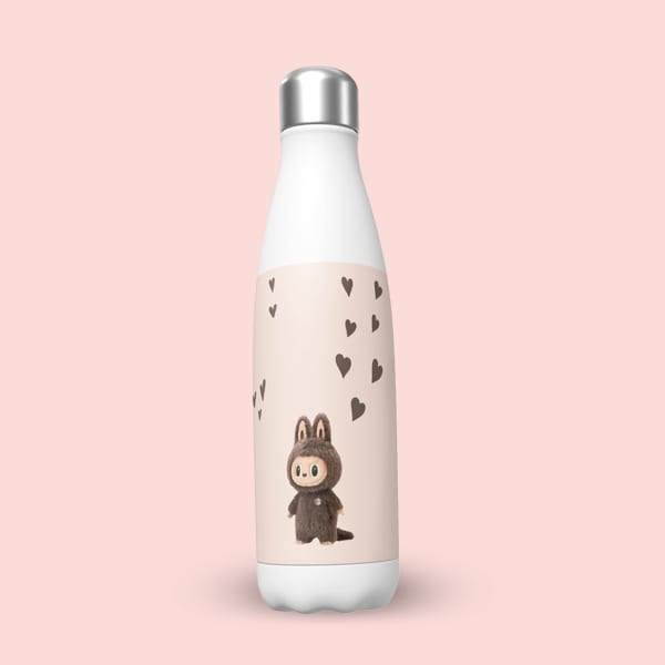 A white insulated water bottle with a light pink label featuring a brown, bunny-eared character and scattered dark brown hearts, set against a solid light pink background.