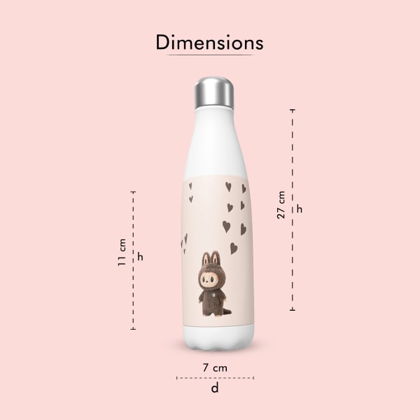 A white insulated water bottle with a light pink label featuring a brown, bunny-eared character and dark brown hearts, displayed with dimension measurements of 27 cm height, 7 cm diameter, and 11 cm l