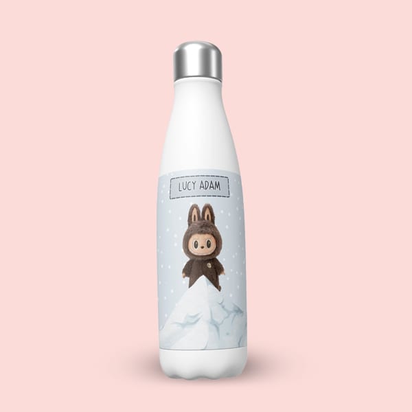  white stainless steel water bottle with a silver cap, featuring a custom label with 