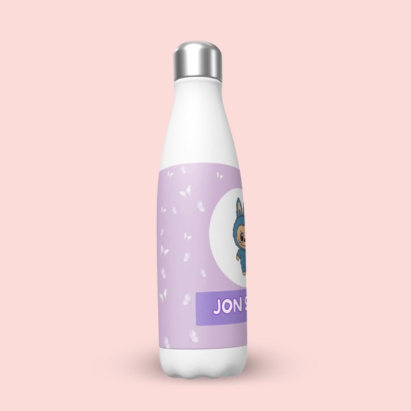 A white stainless steel water bottle with a purple label, partially obscured, featuring a cartoon blue monster character with bunny ears and the name 