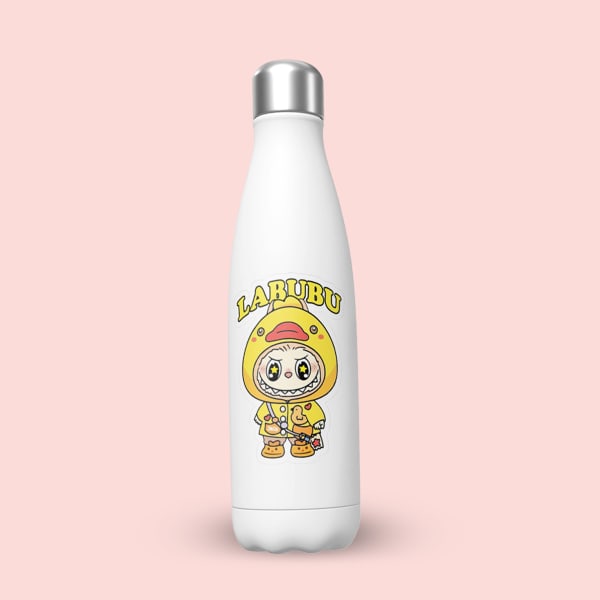 A white stainless steel water bottle with a colorful sticker of a character named 