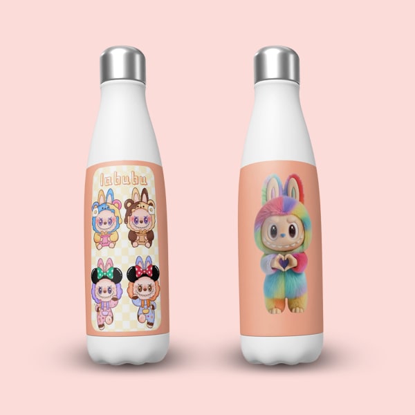 Two white stainless steel water bottles with a light pink background. The left bottle shows a sticker with four cartoon Labubu characters, while the right bottle has a sticker with a single rainbow La