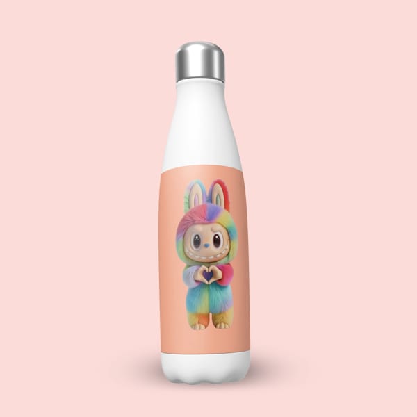 A close-up shot of a white stainless steel water bottle with a sticker of a single rainbow-colored, furry Labubu character holding a heart shape with its hands.