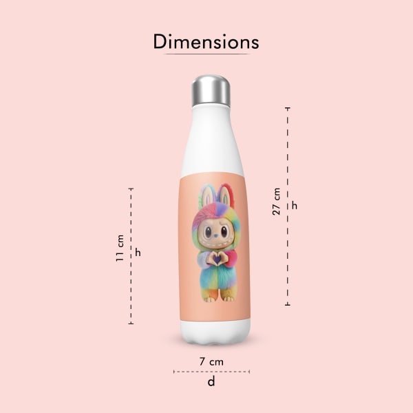 A white stainless steel water bottle with a sticker of a rainbow Labubu character. Dimensions are shown with dashed lines: height of 27 cm, sticker height of 11 cm, and diameter of 7 cm.