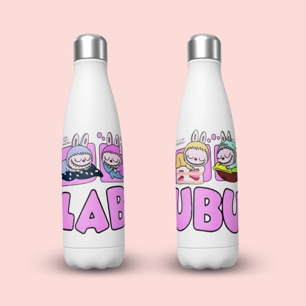 A white insulated water bottle featuring a two-part design with the characters Labubu and other characters in bunny suits sleeping under blankets and the word 