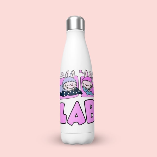 An isolated image of a white insulated water bottle with a cartoon design of the Labubu characters and the word 