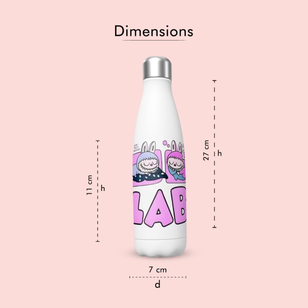 A white insulated water bottle with a cartoon design of the Labubu characters. The image shows the dimensions of the bottle: height (27 cm), diameter (7 cm), and the height of the character design (11