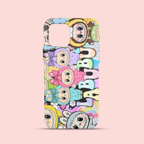 A vibrant custom phone case featuring a collage of colorful LABUBU characters in various outfits and poses against a multi-colored background. The phone case is shown on a solid peach-colored surface,
