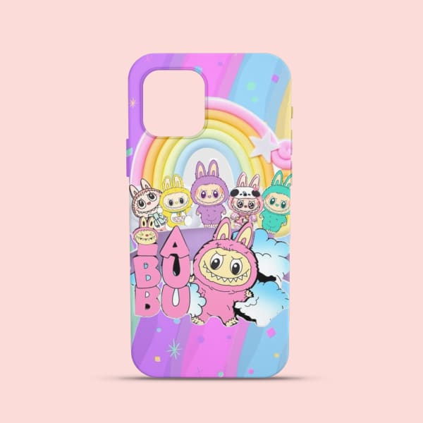 A phone case with a vibrant, whimsical design featuring several cute, cartoonish AIBUBU characters standing in front of a pastel rainbow and clouds.