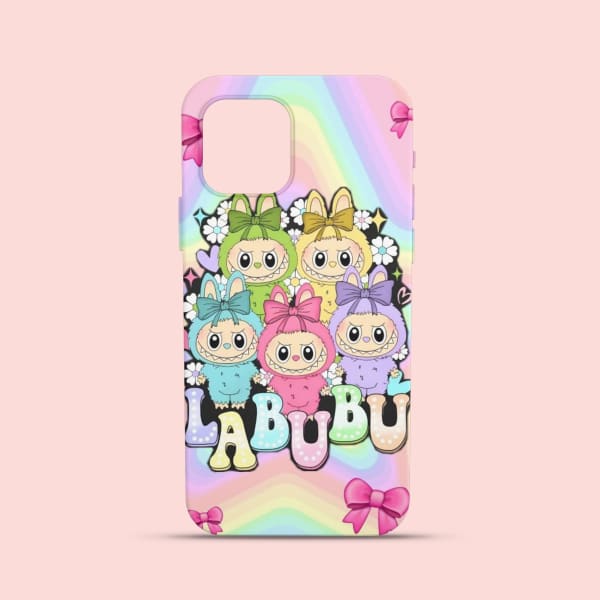 A phone case featuring six different-colored LABUBU characters with bows and a floral design on a pastel rainbow background.