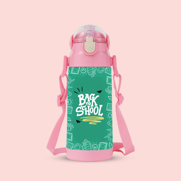 A pink children's stainless-steel water bottle with a green 