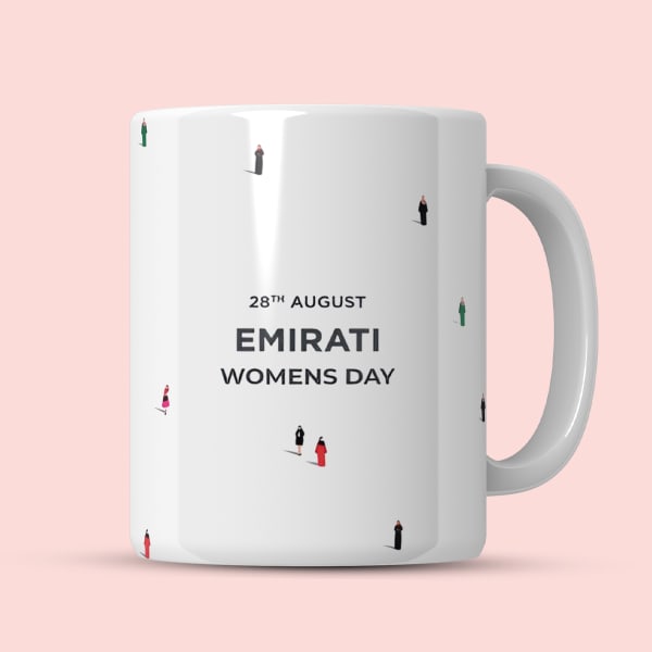 A two-sided view of the same mug. The left side shows the text 