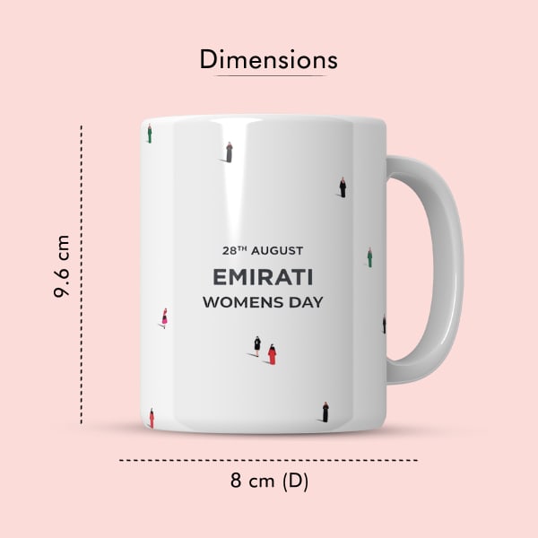 A front view of the mug with its dimensions labeled. The height is 9.6 cm and the diameter is 8 cm.