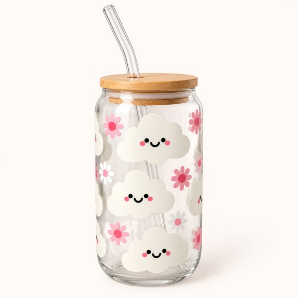 Cute Cloud & Flower Glass Jar with Bamboo Lid & Straw