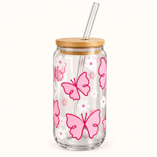 Butterfly Print Glass Jar with Bamboo Lid & Straw