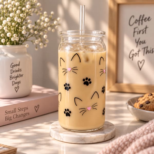 Cute Cat Paw Glass Tumbler with Straw