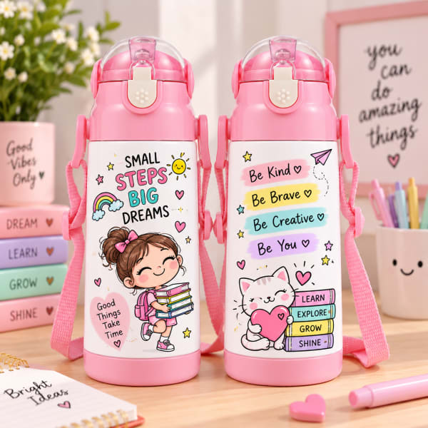 Kids Inspirational Pink Water Bottle with Strap