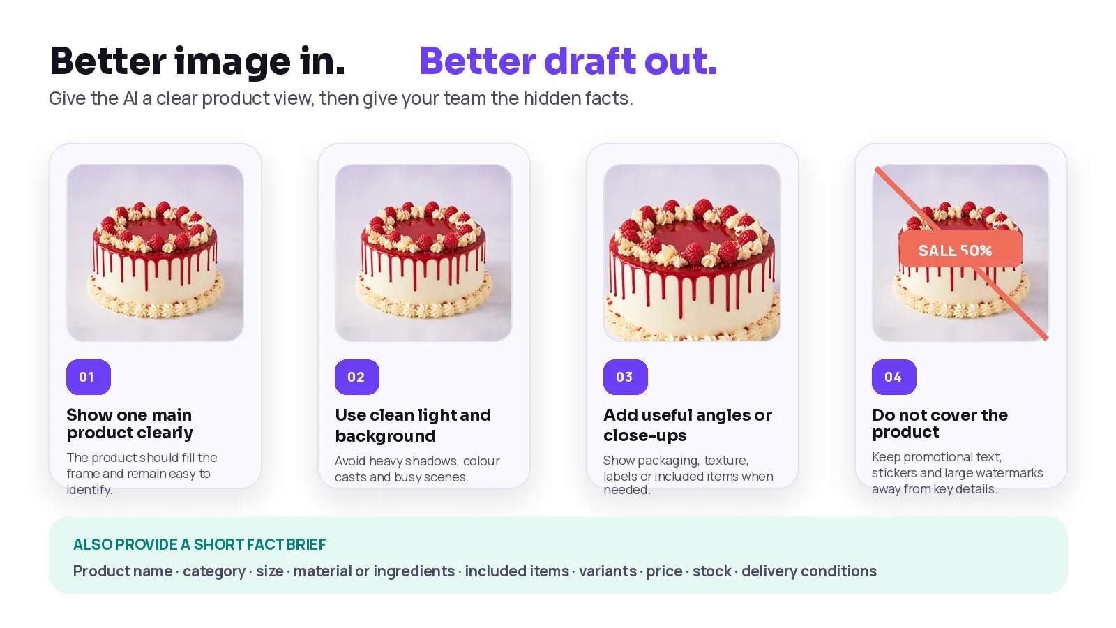 Four product photography rules for clearer AI-assisted listing drafts.
