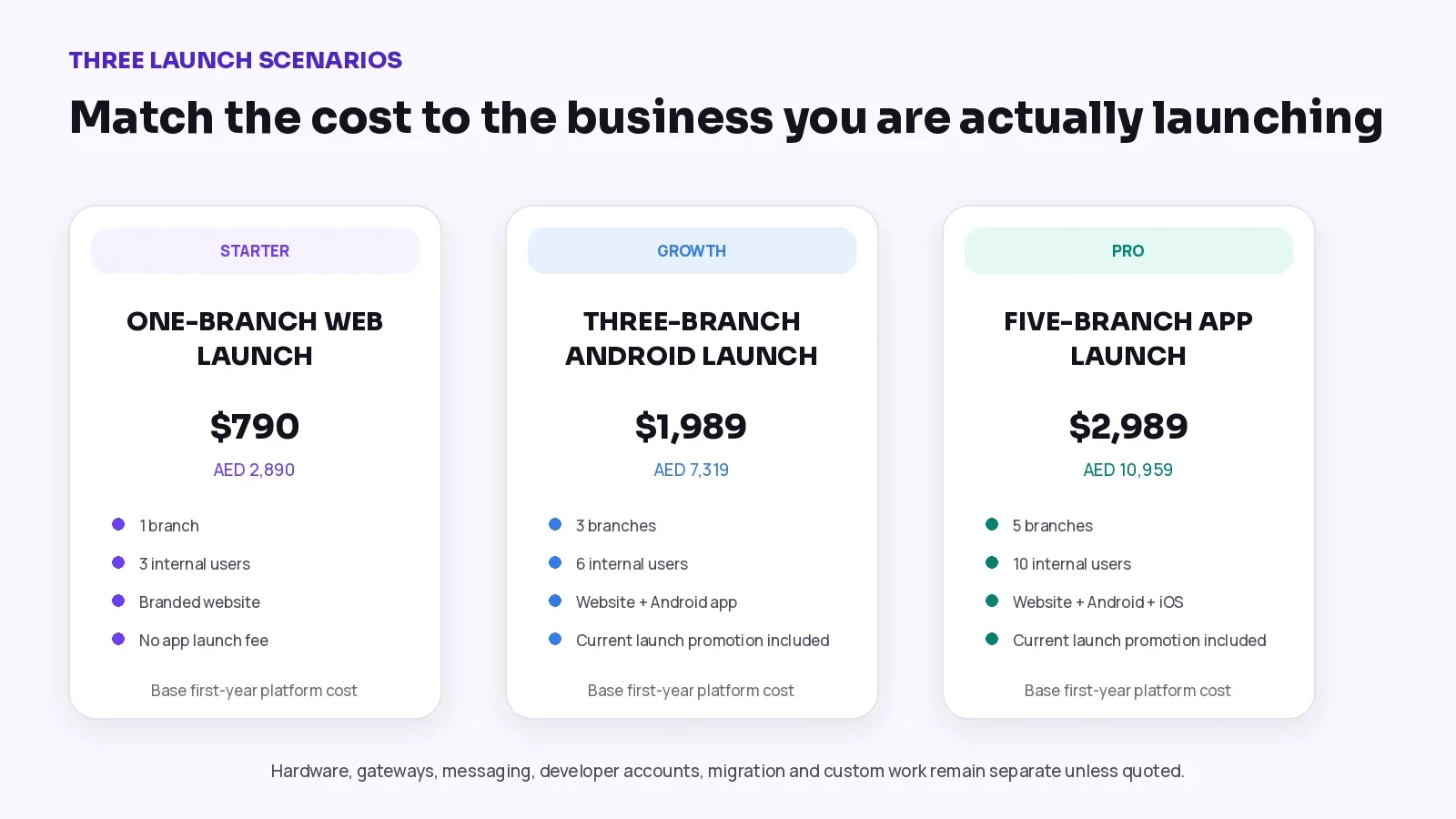 One-, three- and five-branch Bloomlytix launch scenarios.