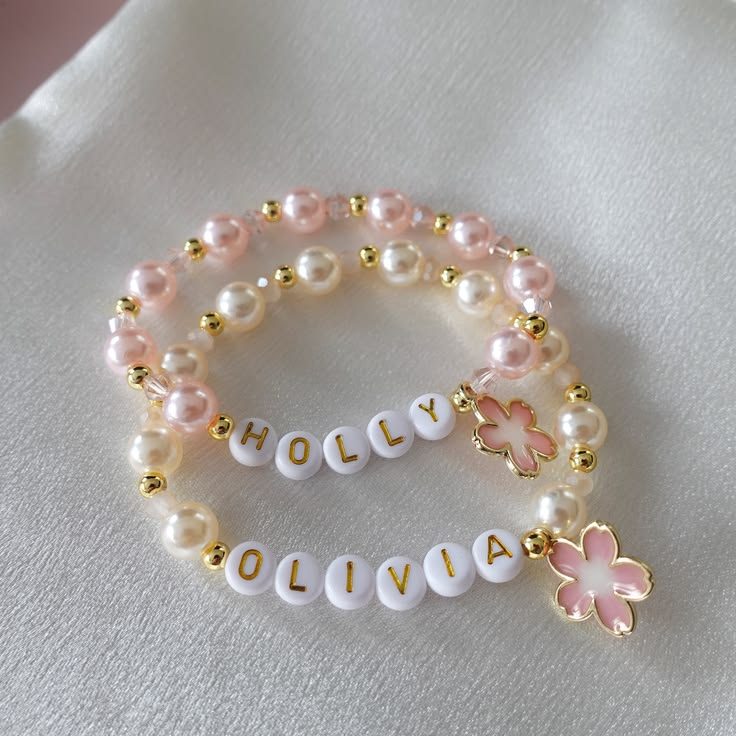 Personalized Pearl Name Bracelets with Pink Flower Charm