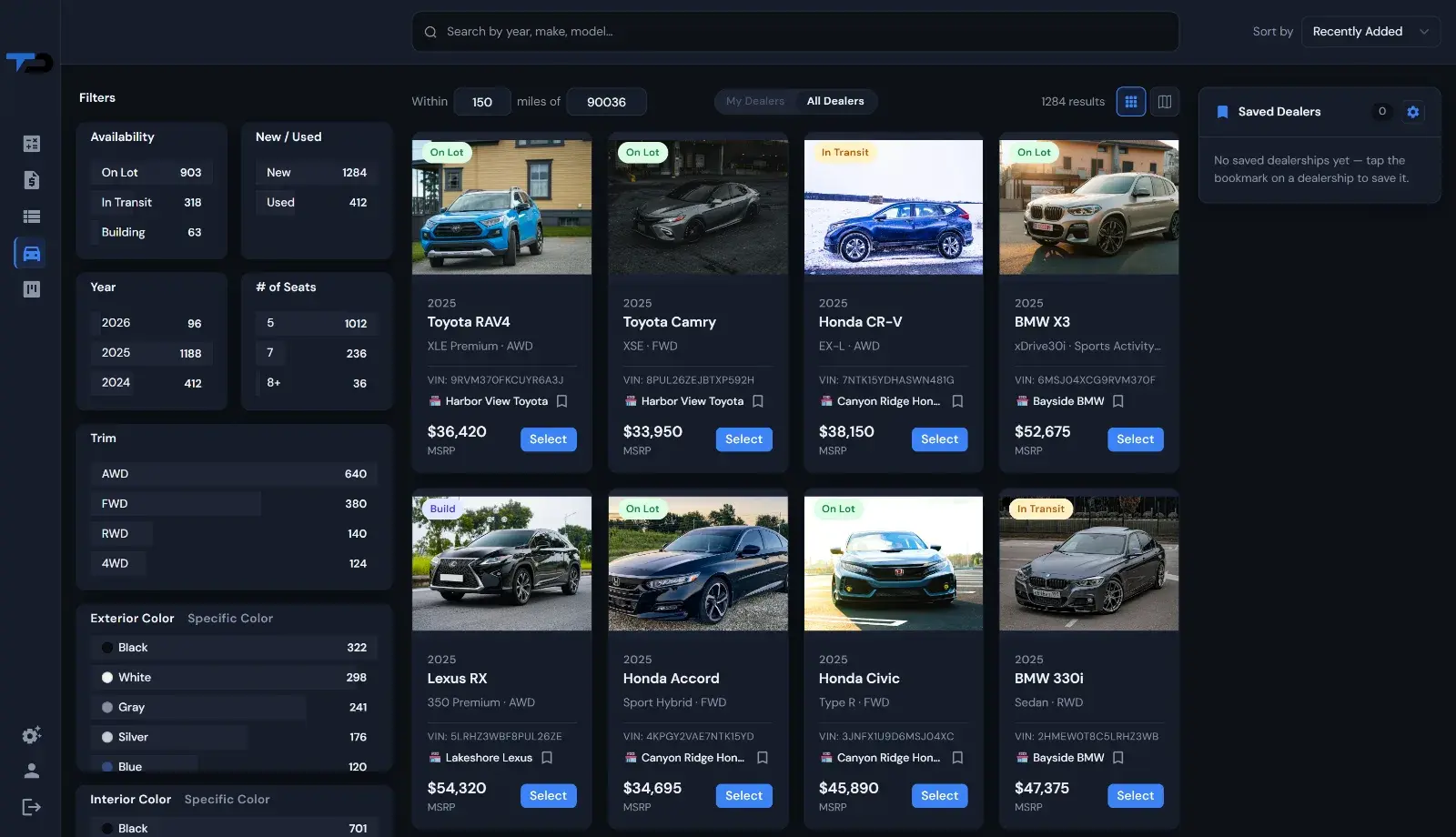 Live dealer inventory search