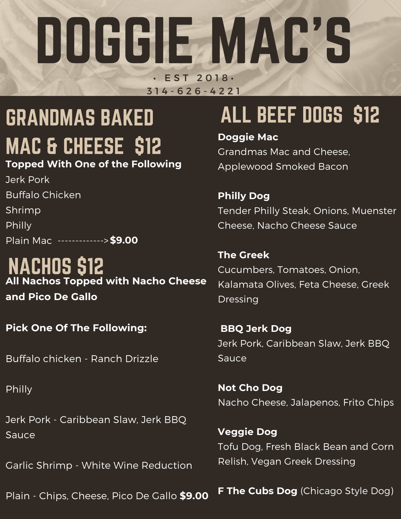 Doggie Mac's Menu