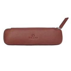 Pen Pouch Leather Double Zip Close Brown