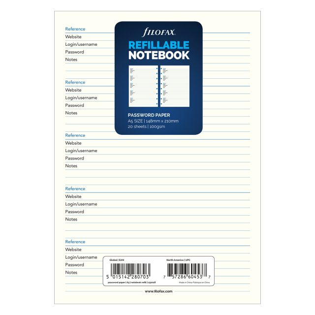FILOFAX A5 Notebook Refill Password 20pk