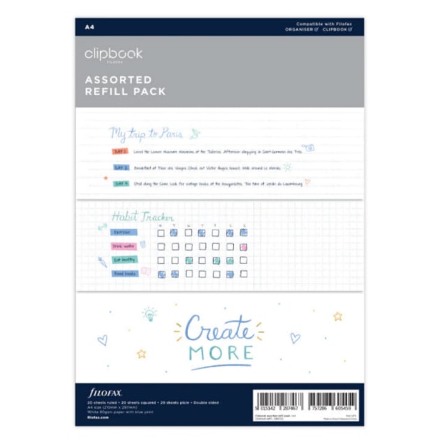 FILOFAX A4 CLIPBOOK REFILL ASSTD RULE/SQR/PLN