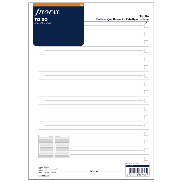FILOFAX A4 REFILL WHITE TO DO 20PK