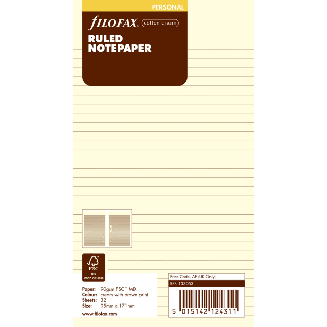 FILOFAX PERSONAL REFILL COTTON CREAM RULED 20PK