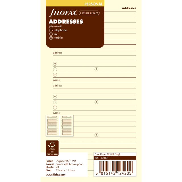 FILOFAX PERSONAL CREAM NAME/ADDRESS/EMAIL/PHONE/FAX