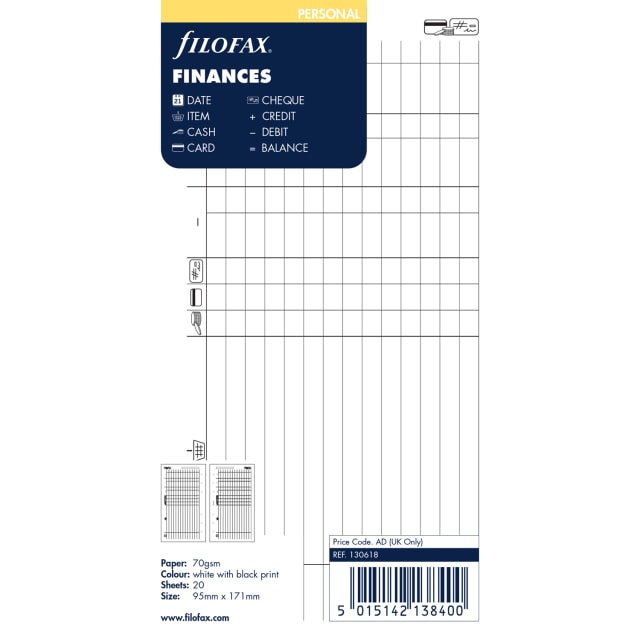 FILOFAX PERSONAL REFILL WHITE FINANCES 20PK