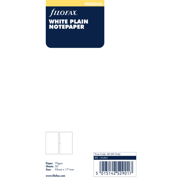 FILOFAX PERSONAL REFILL WHITE PLAIN 30PK
