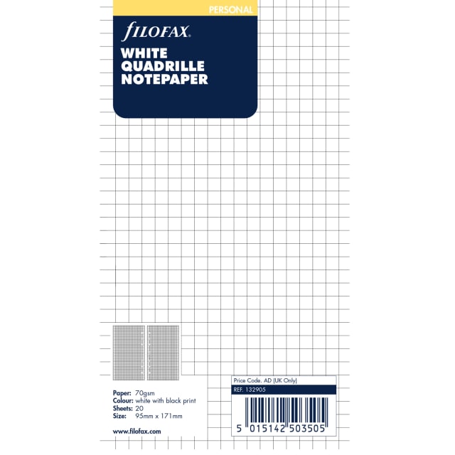 FILOFAX PERSONAL REFILL WHITE QUADRILLE 20PK