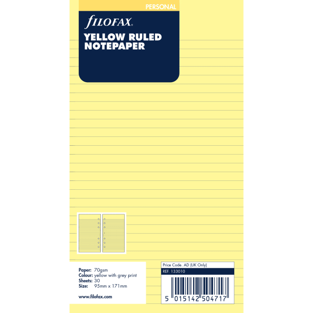 FILOFAX PERSONAL REFILL YELLOW RULED 30PK